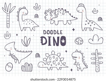 Doodle cute dino outline set for kids. Funny vector prints collection with hand drawn dinosaurs for children. Dino sketch bundle.