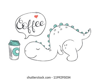 A doodle of cute dinosaur wishing for coffee.