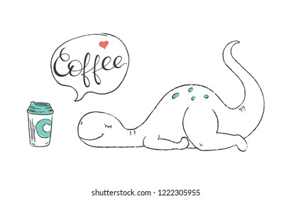 A doodle of cute dinosaur wishing for coffee.