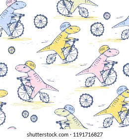 Doodle cute Dinosaurs seamless pattern. Bicycle riding. Funny cute kid drawn characters. Vector illustration