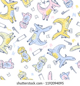 Doodle cute Dinosaurs seamless pattern. Teeth cleaning. Funny cute kid drawn characters. Vector illustration