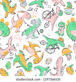 Doodle cute Dinosaurs seamless pattern. Dancing, teeth cleaning, sleeping and bicycle riding. Funny cute kid drawn characters. Vector illustration