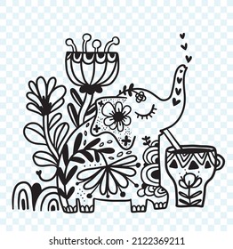 Doodle cute elephant drinking tea or coffee from cup. Black and white hand drawn sketched flowers. Summer vibes.