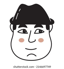 Doodle cute face.Hand-drawn line people.Avatar face intelligent man in a hat.Isolated on white background. Outline vector illustration.