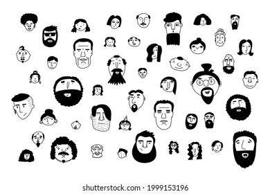 Doodle cute faces set. Hand-drawn outline people isolated on white background. Human Avatar Collection. Cartoon young, old different nationalities women, men. Childrens portrait. Vector illustration