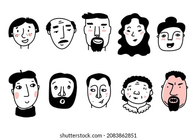 Doodle cute faces set. Hand-drawn line people with pink cheeks isolated on white background. Human Avatar Collection. Cartoon young, old different women, men. Childrens portrait. Vector illustration
