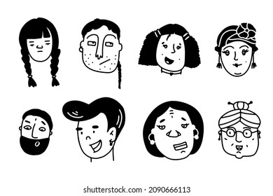 Caras lindas Doodle puestas. Esbozo de personas dibujadas a mano aisladas en fondo blanco. Colección de avatares humanos. Caricatura joven, viejas y diferentes expresiones de mujeres, hombres. Retrato infantil. Ilustración del vector