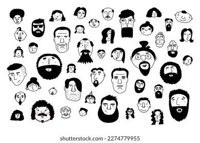 Doodle cute faces set. Hand-drawn outline people isolated on white background. Human Avatar Collection. Cartoon young, old different nationalities women, men. Childrens portrait. Vector illustration