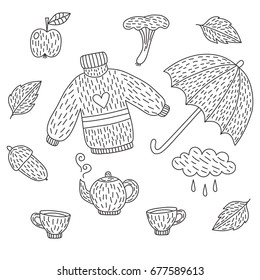 Doodle cute fall autumn symbols seamless vector pattern
