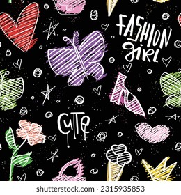 Doodle cute fashion element drawing. Seamless pattern repeating texture background. Vector illustration design.