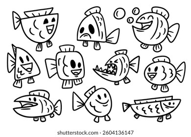 doodle cute fish set. Funny fishes hand drawn collection. Vector black and white illustration isolated on white background.
