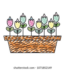 doodle cute flowers with petals and leaves inside plantpot