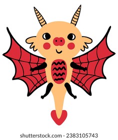 Doodle cute flying dragon vector graphic clipart. Animal Happy New Year 2024 cartoon character. Perfect for tee, poster, greeting card, sticker.
