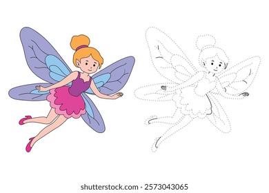 Doodle cute flying fairy isolated on white background vector. Fairy tale character coloring page for kindergarten and preschool worksheets for kids printable. Trace and color fairy. Fantasy character.