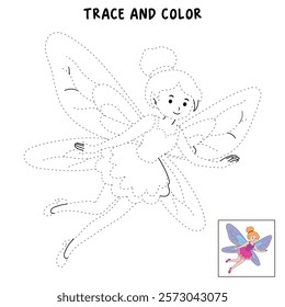 Doodle cute flying fairy isolated on white background vector. Fairy tale character coloring page for kindergarten and preschool worksheets for kids printable. Trace and color fairy. Fantasy character.