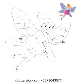 Doodle cute flying fairy isolated on white background vector. Fairy tale character coloring page for kindergarten and preschool worksheets for kids printable. Trace and color fairy. Fantasy character.