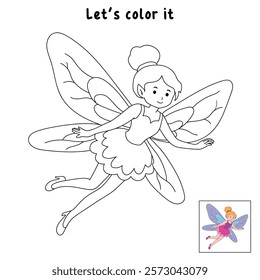 Doodle cute flying fairy isolated on white background vector. Fairy tale character coloring page for kindergarten and preschool worksheets for kids printable. Trace and color fairy. Fantasy character.