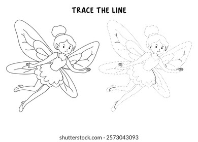 Doodle cute flying fairy isolated on white background vector. Fairy tale character coloring page for kindergarten and preschool worksheets for kids printable. Trace and color fairy. Fantasy character.