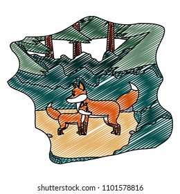 doodle cute fox animal with his son in the landscape