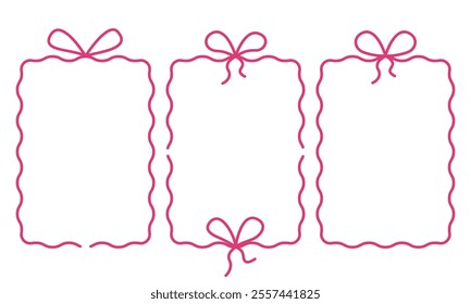Doodle cute frames with wavy lines, bows, ribbons. Set of outline scallop frame border in doodle style. Retro frame wavy border.Wavy frame with bows. Vector illustration in coquette style