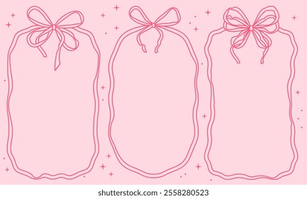 Doodle cute frames with wavy lines, bows, ribbons. Set of outline scallop frame border in doodle style. Retro frame wavy border. Wavy frame with bows. Vector illustration in coquette style