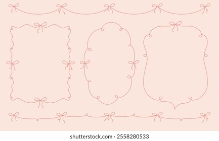 Doodle cute frames with wavy lines, bows, ribbons. Set of outline scallop frame border in doodle style. Retro frame wavy border. Wavy frame with bows. Vector illustration in coquette style