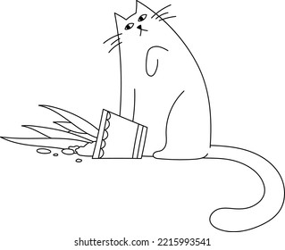 Doodle Cute Funny Cat Dropped Flower Pot. Hand Drawn with Contour Lines on White Background Pet