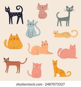 Doodle Cute and funny cats Hand Drawn vector set. Cartoon cat characters design colorful collection in different poses. Flat set of purebred pet animals isolated on white background