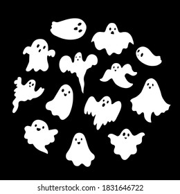 Doodle cute ghosts Haloween collection. Simple spooky character. Scary ghostly monsters. 