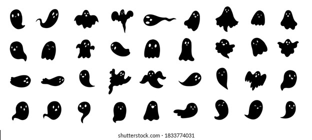 Doodle cute ghosts Haloween great collection. Simple spooky character. Scary ghostly monsters. 