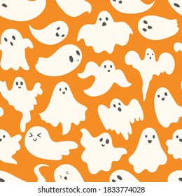 Doodle cute ghosts Haloween seamless pattern. Background with simple spooky character or scary ghostly monsters. 