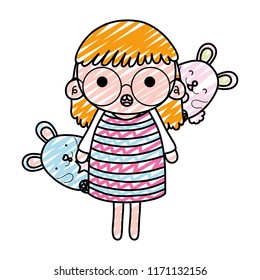 doodle cute girl child with glasses and mice