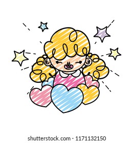 doodle cute girl child with hearts and stars