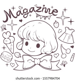 Doodle cute girl head and accessory vector illustration, ribbon, ice cream, macaroon, strawberry, cherry, heart, clothes and the letter "Magazine", 
For coloring book for kids and sticker.