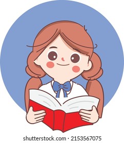 Doodle cute girl student reading a book character. Student cartoon hand drawn design