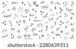 Doodle cute glitter pen line elements. Doodle heart, arrow, star, sparkle decoration symbol set icon. Simple sketch line style emphasis, attention, pattern elements. Vector illustration.