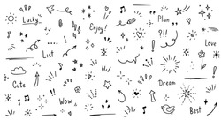 Doodle Cute Glitter Pen Line Elements. Doodle Heart, Arrow, Star, Sparkle Decoration Symbol Set Icon. Simple Sketch Line Style Emphasis, Attention, Pattern Elements. Vector Illustration.