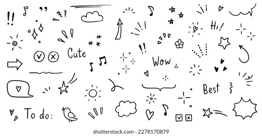 Doodle cute glitter pen line elements. Doodle heart, arrow, star, sparkle decoration symbol set icon. Simple sketch line style emphasis, attention, pattern elements. Vector illustration.