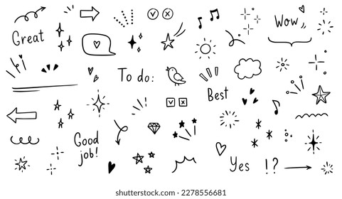 Doodle cute glitter pen line elements. Doodle heart, arrow, star, sparkle decoration symbol set icon. Simple sketch line style emphasis, attention, pattern elements. Vector illustration.