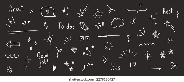 Doodle cute glitter pen line elements. Doodle heart, arrow, star, sparkle decoration symbol set icon. Simple sketch line style emphasis, attention, pattern elements. Vector illustration.