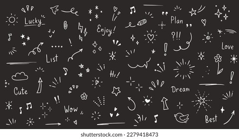 Doodle cute glitter pen line elements. Doodle heart, arrow, star, sparkle decoration symbol set icon. Simple sketch line style emphasis, attention, pattern elements. Vector illustration.