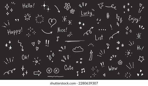 Doodle cute glitter pen line elements. Doodle heart, arrow, star, sparkle decoration symbol set icon. Simple sketch line style emphasis, attention, pattern elements. Vector illustration.