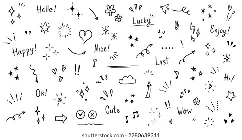 Doodle cute glitter pen line elements. Doodle heart, arrow, star, sparkle decoration symbol set icon. Simple sketch line style emphasis, attention, pattern elements. Vector illustration. - Shutterstock ID 2280639311