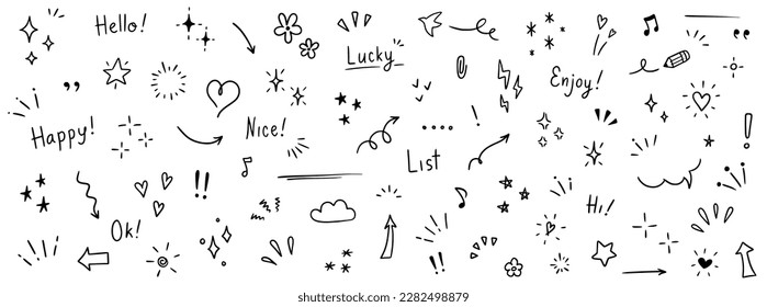 Doodle cute glitter pen line elements. Doodle heart, arrow, star, sparkle decoration symbol set icon. Simple sketch line style emphasis, attention, pattern elements. Vector illustration.