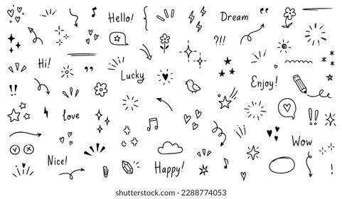 Doodle cute glitter pen line elements. Doodle heart, arrow, star, sparkle decoration symbol set icon. Simple sketch line style emphasis, attention, pattern elements. Vector illustration.