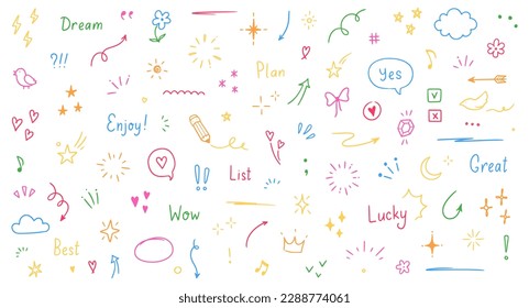 Doodle cute glitter pen line color elements. Doodle heart, arrow, star, sparkle decoration symbol set icon. Simple sketch line style emphasis, attention, pattern elements. Vector illustration
