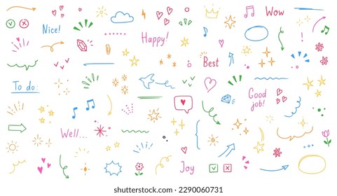 Doodle cute glitter pen line color elements. Doodle heart, arrow, star, sparkle decoration symbol set icon. Simple sketch line style emphasis, attention, pattern elements. Vector illustration