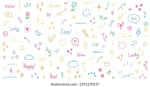 Doodle cute glitter pen line color elements. Doodle heart, arrow, star, sparkle decoration symbol set icon. Simple sketch line style emphasis, attention, pattern elements. Vector illustration