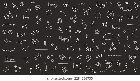 Doodle cute glitter pen line elements chalkboard. Doodle heart, arrow, star, sparkle decoration symbol set icon. Simple sketch line style emphasis, attention, pattern elements. Vector illustration