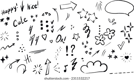 Doodle elementos de la línea de la pluma de brillo lindo.Mano dibujada